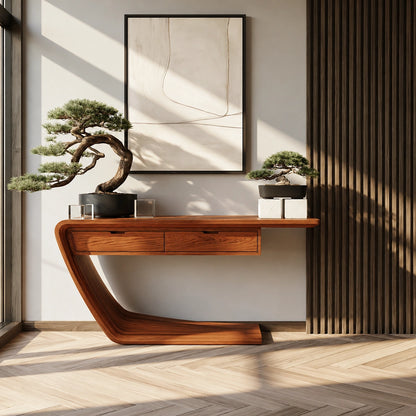 Floating Curve Natural Solid Wood Console Table with Dual Drawers - Livewoodcraft - 2