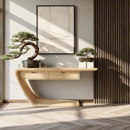 Floating Curve Natural Solid Wood Console Table with Dual Drawers - Livewoodcraft - 3