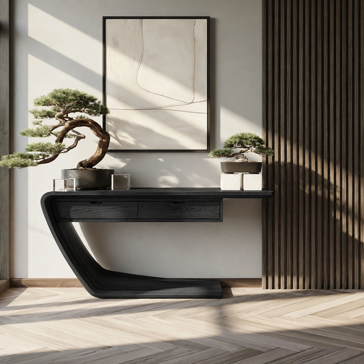 Floating Curve Natural Solid Wood Console Table with Dual Drawers - Livewoodcraft - 4