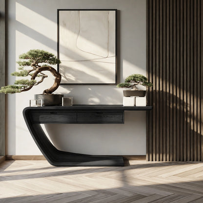 Floating Curve Natural Solid Wood Console Table with Dual Drawers - Livewoodcraft - 4