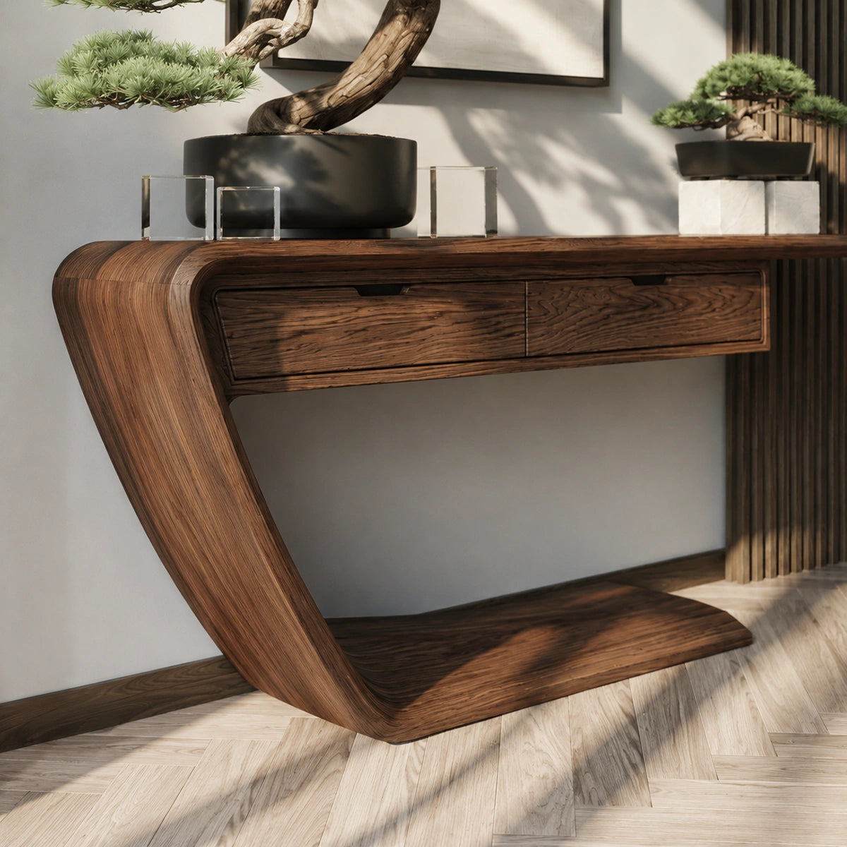 Floating Curve Natural Solid Wood Console Table with Dual Drawers - Livewoodcraft - 5