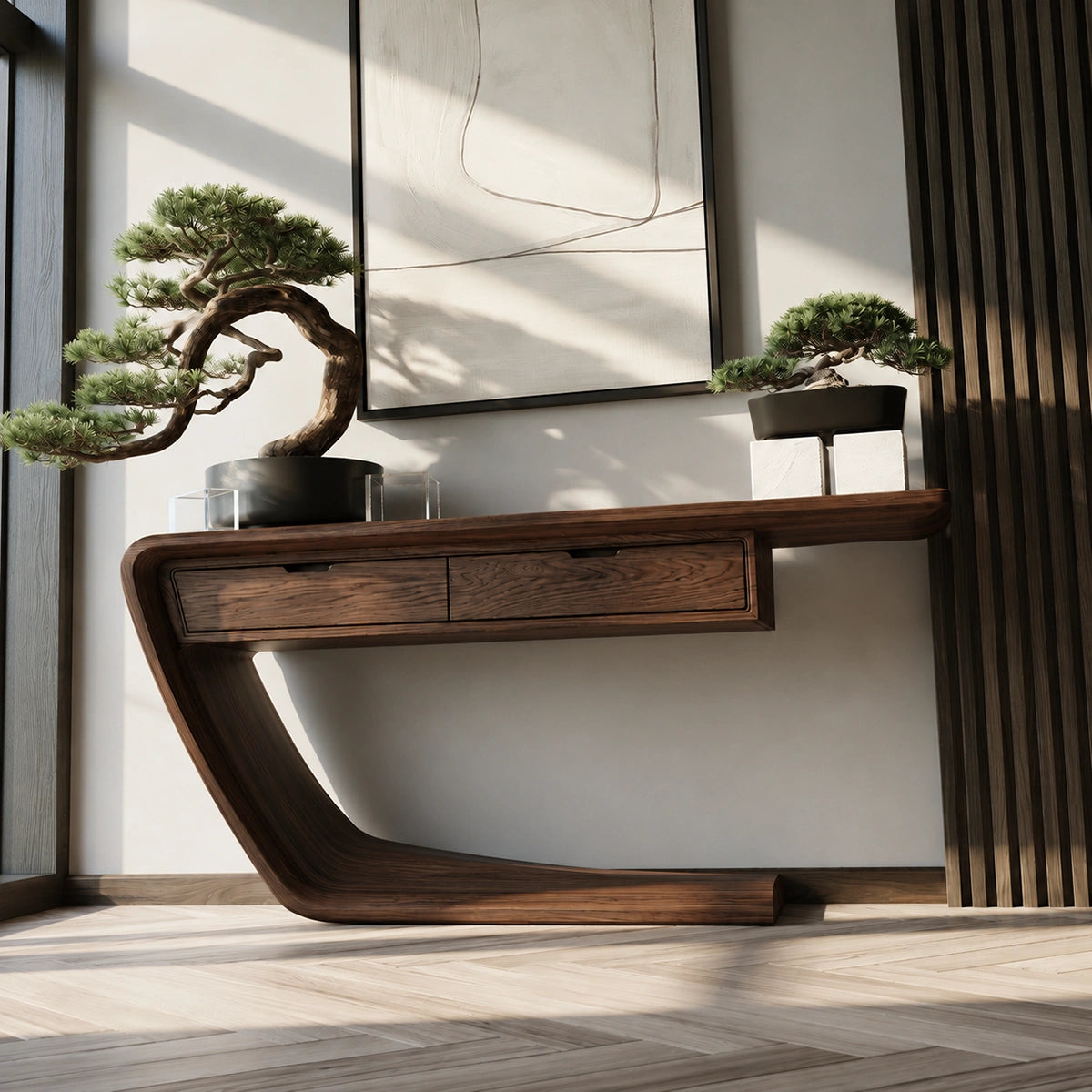 Floating Curve Natural Solid Wood Console Table with Dual Drawers - Livewoodcraft - 6