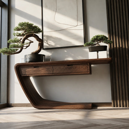 Floating Curve Natural Solid Wood Console Table with Dual Drawers - Livewoodcraft - 6