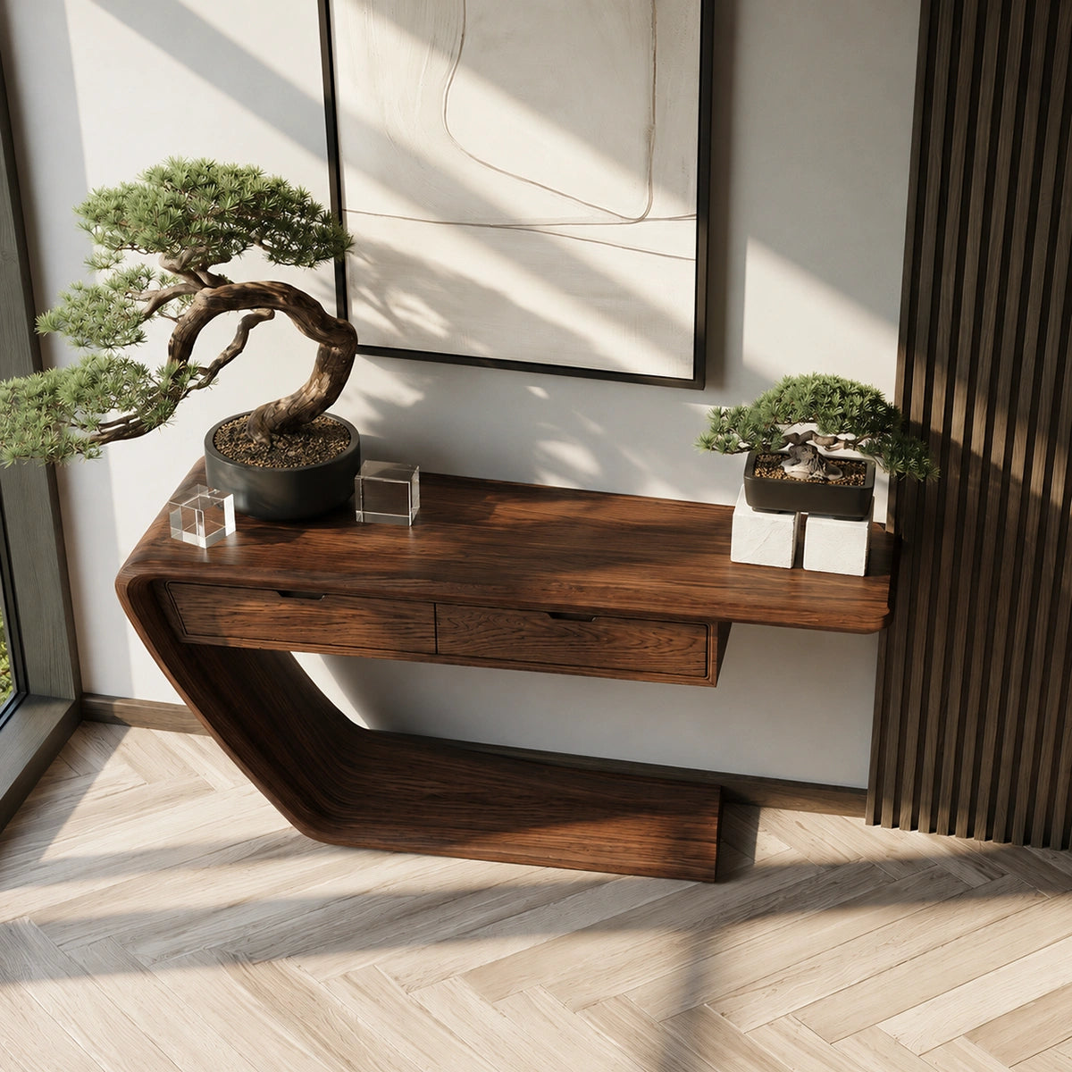 Floating Curve Natural Solid Wood Console Table with Dual Drawers - Livewoodcraft - 7