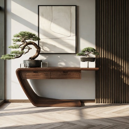 Floating Curve Natural Solid Wood Console Table with Dual Drawers - Livewoodcraft