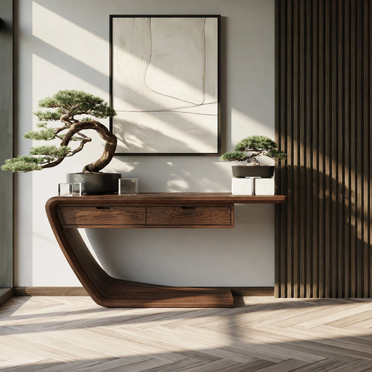 Floating Curve Natural Solid Wood Console Table with Dual Drawers - Livewoodcraft