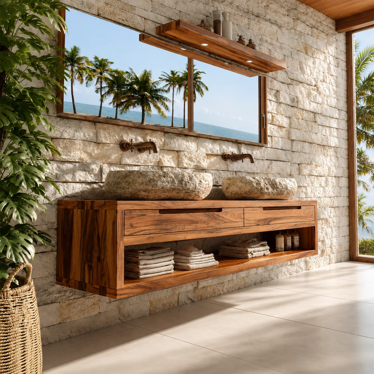 Floating Double Bathroom Vanity With Natural Solid Wood Storage - Livewoodcraft - 10