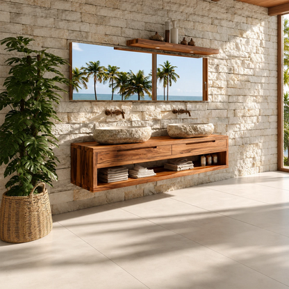 Floating Double Bathroom Vanity With Natural Solid Wood Storage - Livewoodcraft - 11