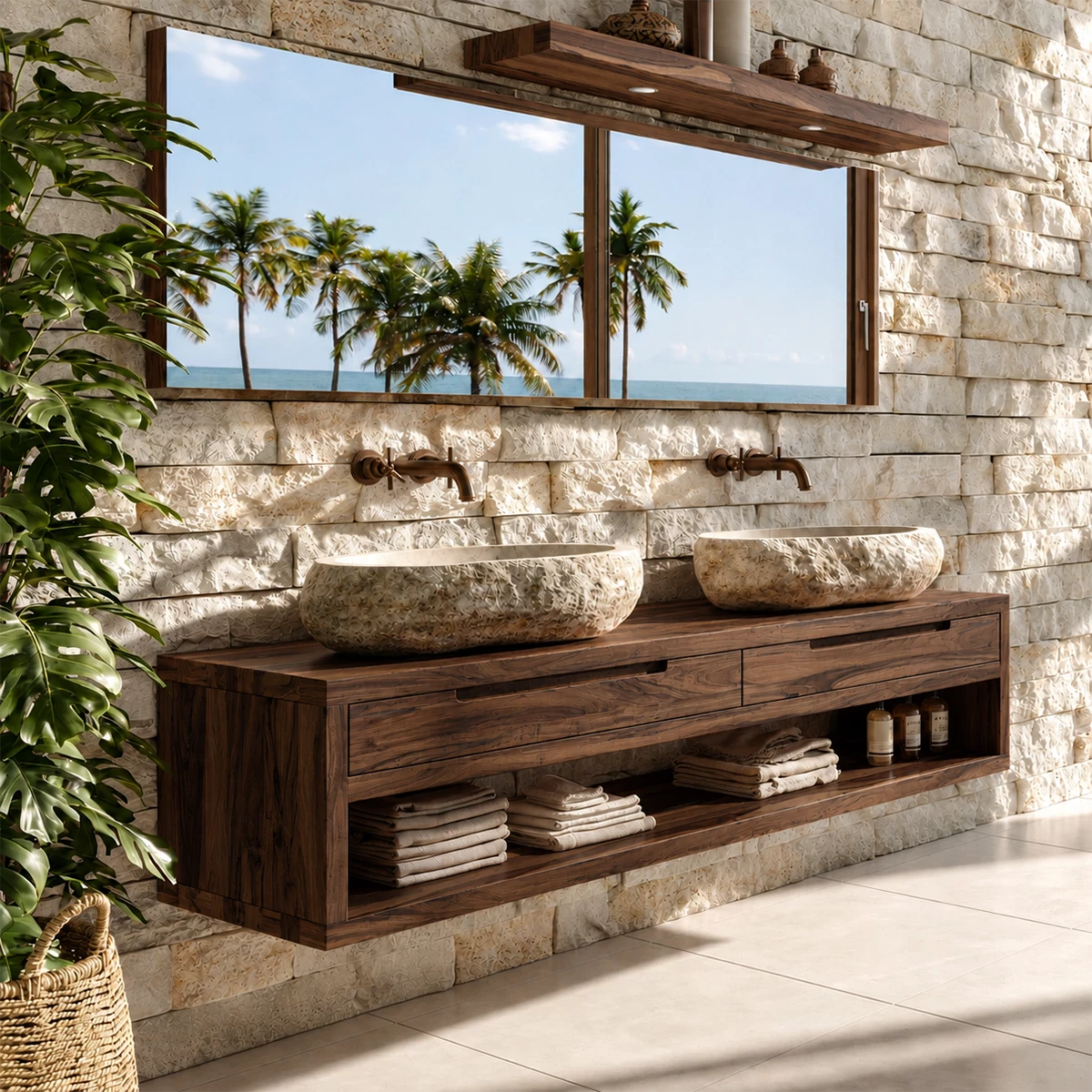 Floating Double Bathroom Vanity With Natural Solid Wood Storage - Livewoodcraft - 2