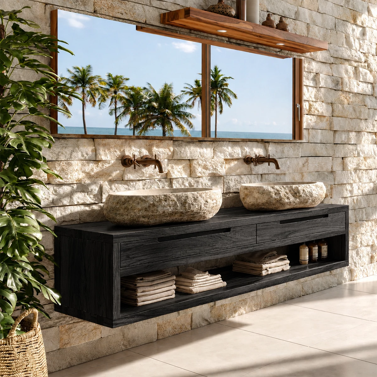 Floating Double Bathroom Vanity With Natural Solid Wood Storage - Livewoodcraft - 3