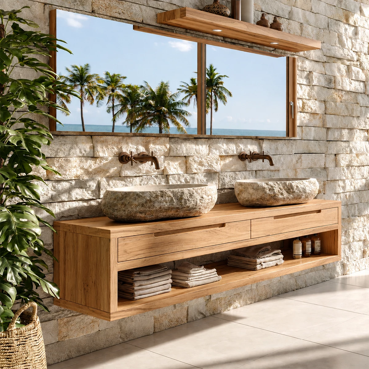 Floating Double Bathroom Vanity With Natural Solid Wood Storage - Livewoodcraft - 4