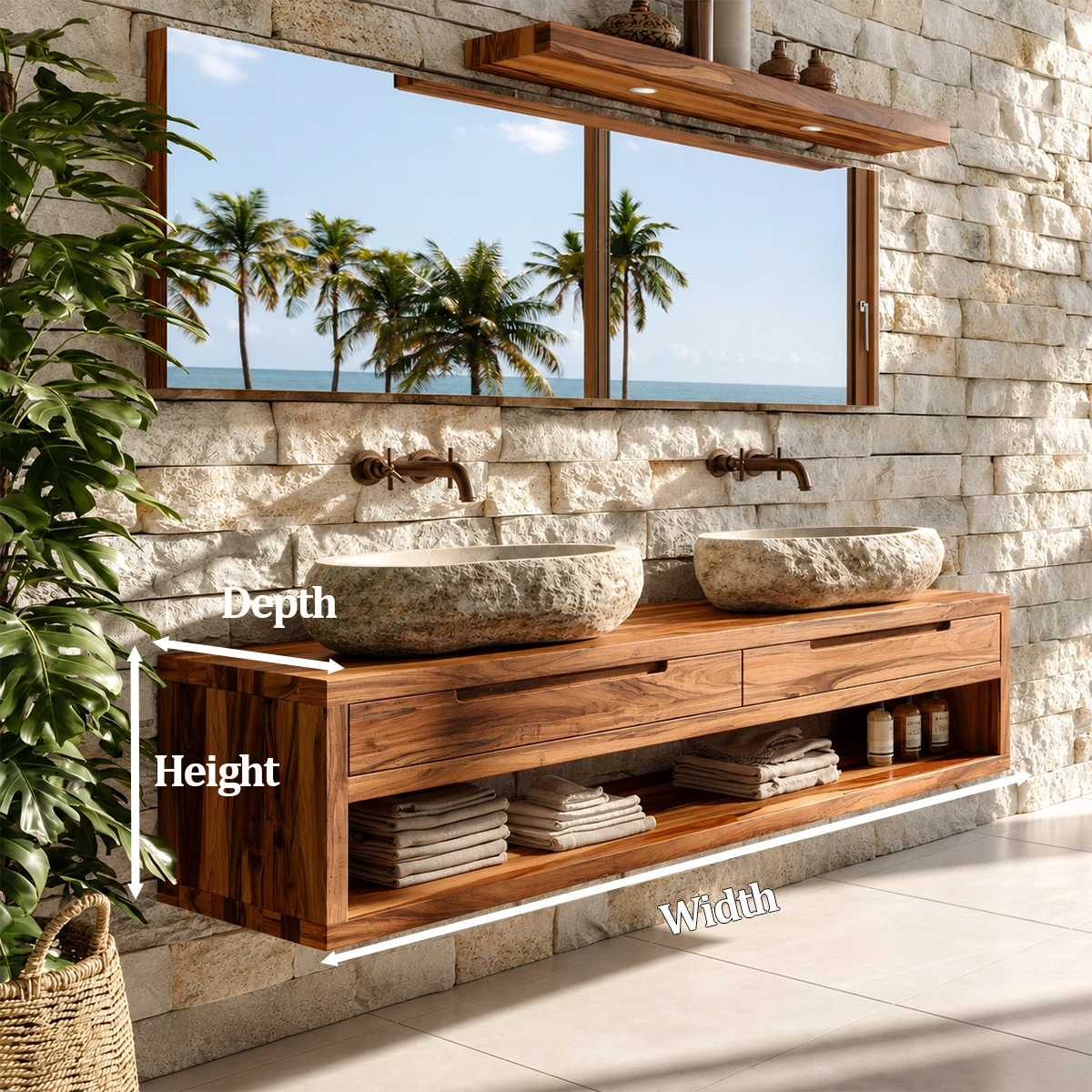 Floating Double Bathroom Vanity With Natural Solid Wood Storage - Livewoodcraft - 6