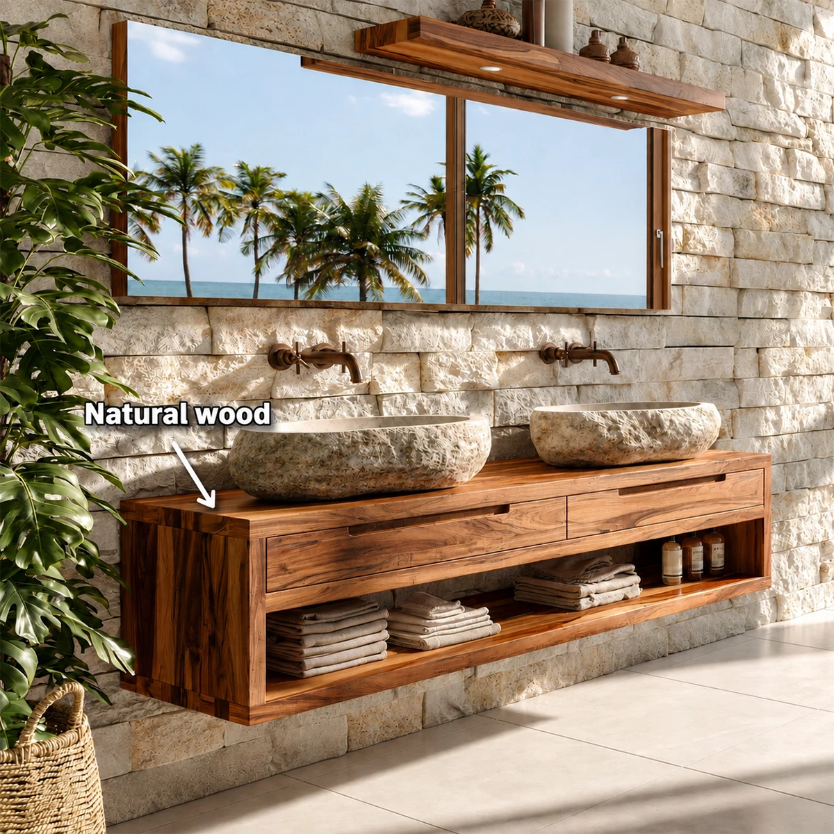 Floating Double Bathroom Vanity With Natural Solid Wood Storage - Livewoodcraft - 7