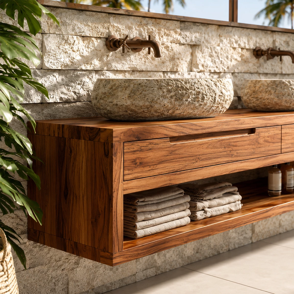 Floating Double Bathroom Vanity With Natural Solid Wood Storage - Livewoodcraft - 8