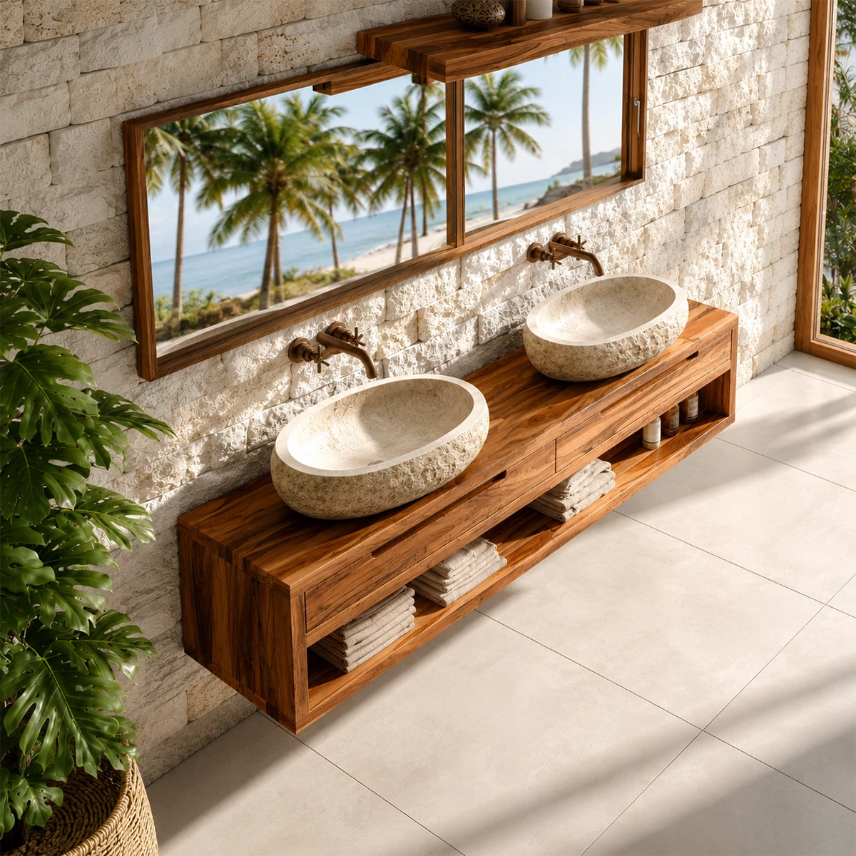 Floating Double Bathroom Vanity With Natural Solid Wood Storage - Livewoodcraft - 9