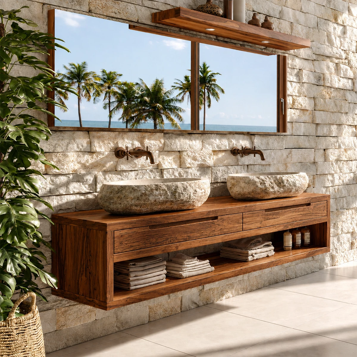 Floating Double Bathroom Vanity With Natural Solid Wood Storage - Livewoodcraft