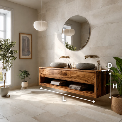 Floating Double Sink Solid Wood Bathroom Vanity with Open Shelf Storage - Livewoodcraft - 10
