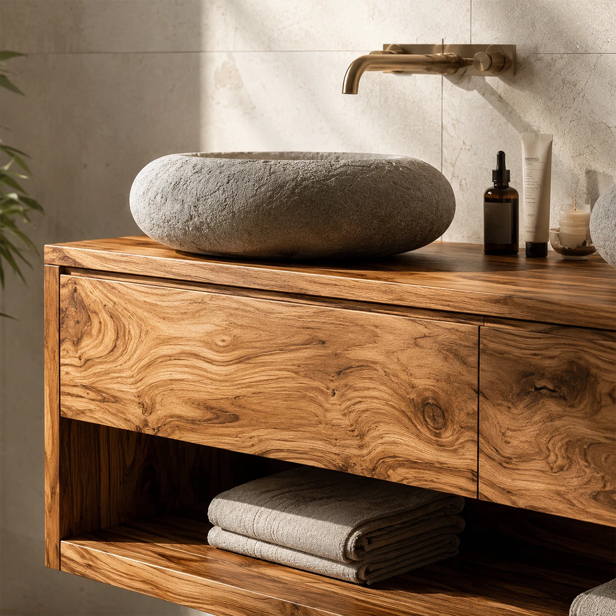 Floating Double Sink Solid Wood Bathroom Vanity with Open Shelf Storage - Livewoodcraft - 2