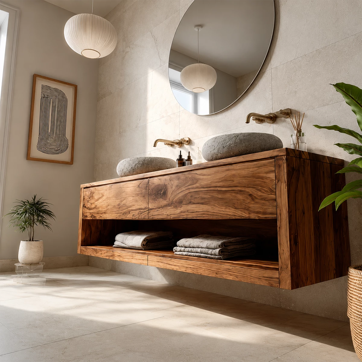 Floating Double Sink Solid Wood Bathroom Vanity with Open Shelf Storage - Livewoodcraft - 3