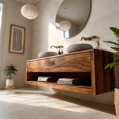 Floating Double Sink Solid Wood Bathroom Vanity with Open Shelf Storage - Livewoodcraft - 3