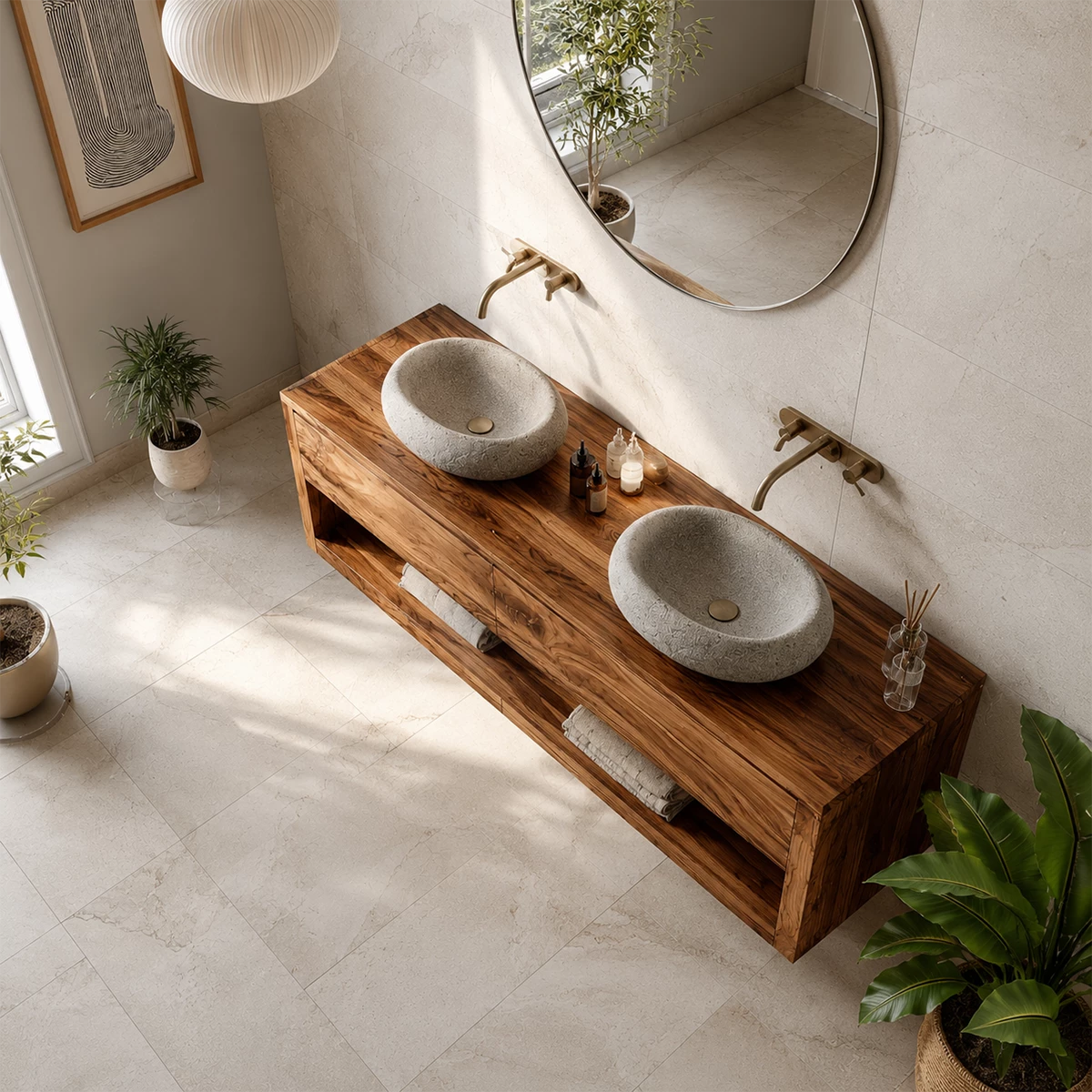 Floating Double Sink Solid Wood Bathroom Vanity with Open Shelf Storage - Livewoodcraft - 4