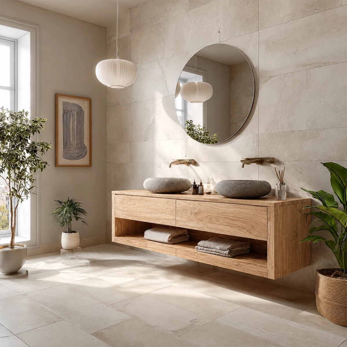 Floating Double Sink Solid Wood Bathroom Vanity with Open Shelf Storage - Livewoodcraft - 5