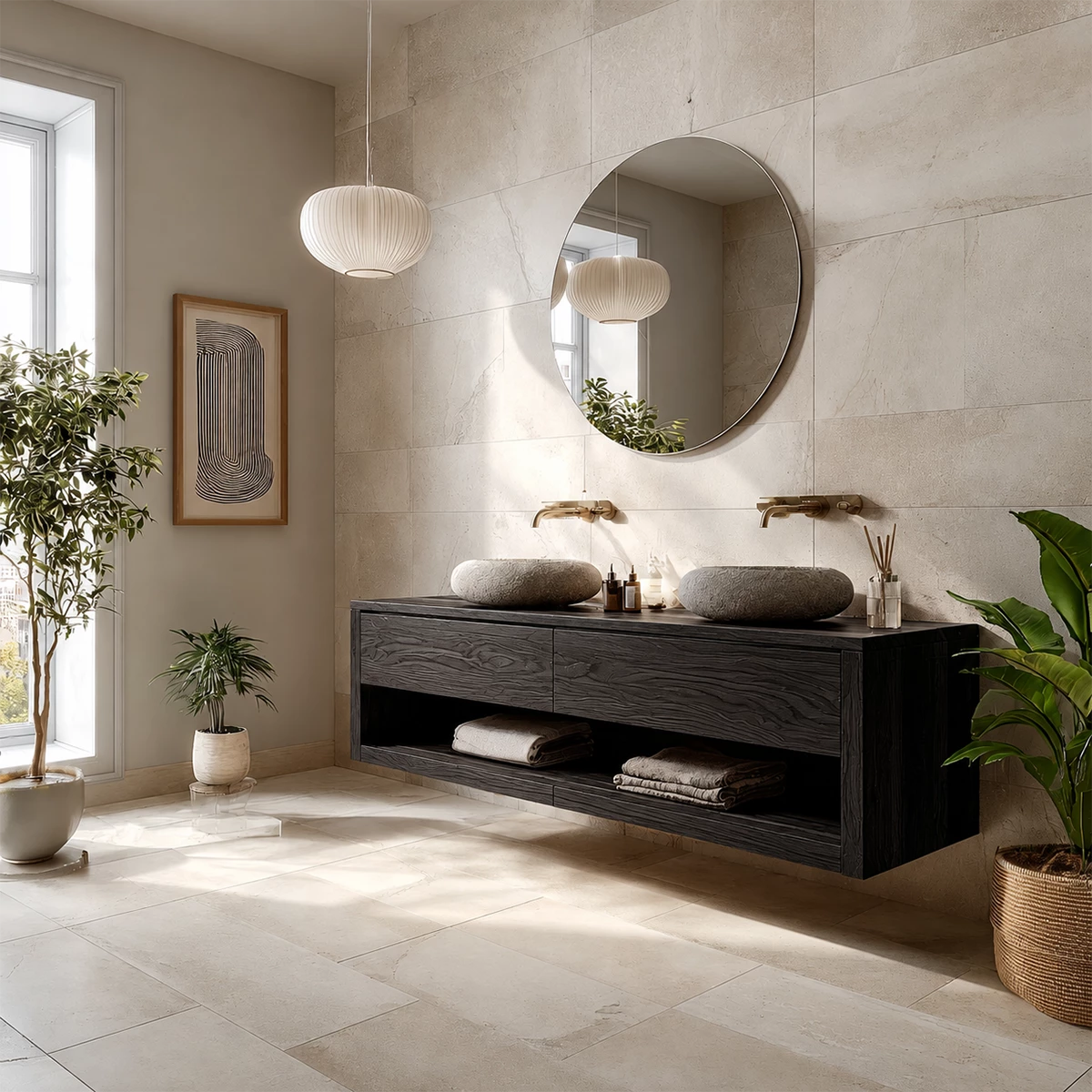 Floating Double Sink Solid Wood Bathroom Vanity with Open Shelf Storage - Livewoodcraft - 6