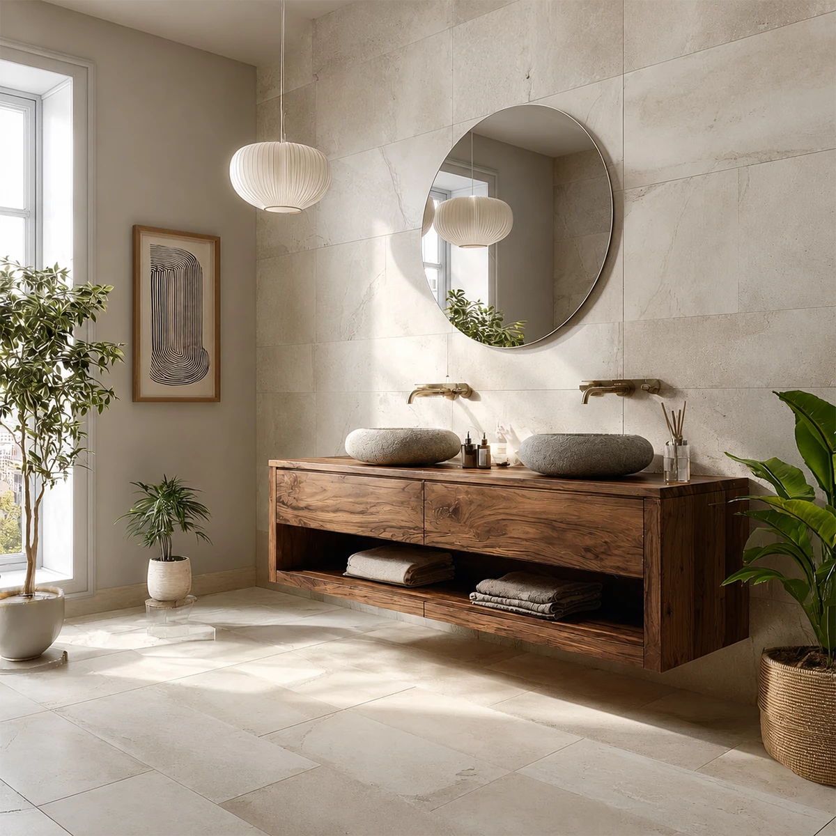Floating Double Sink Solid Wood Bathroom Vanity with Open Shelf Storage - Livewoodcraft - 7