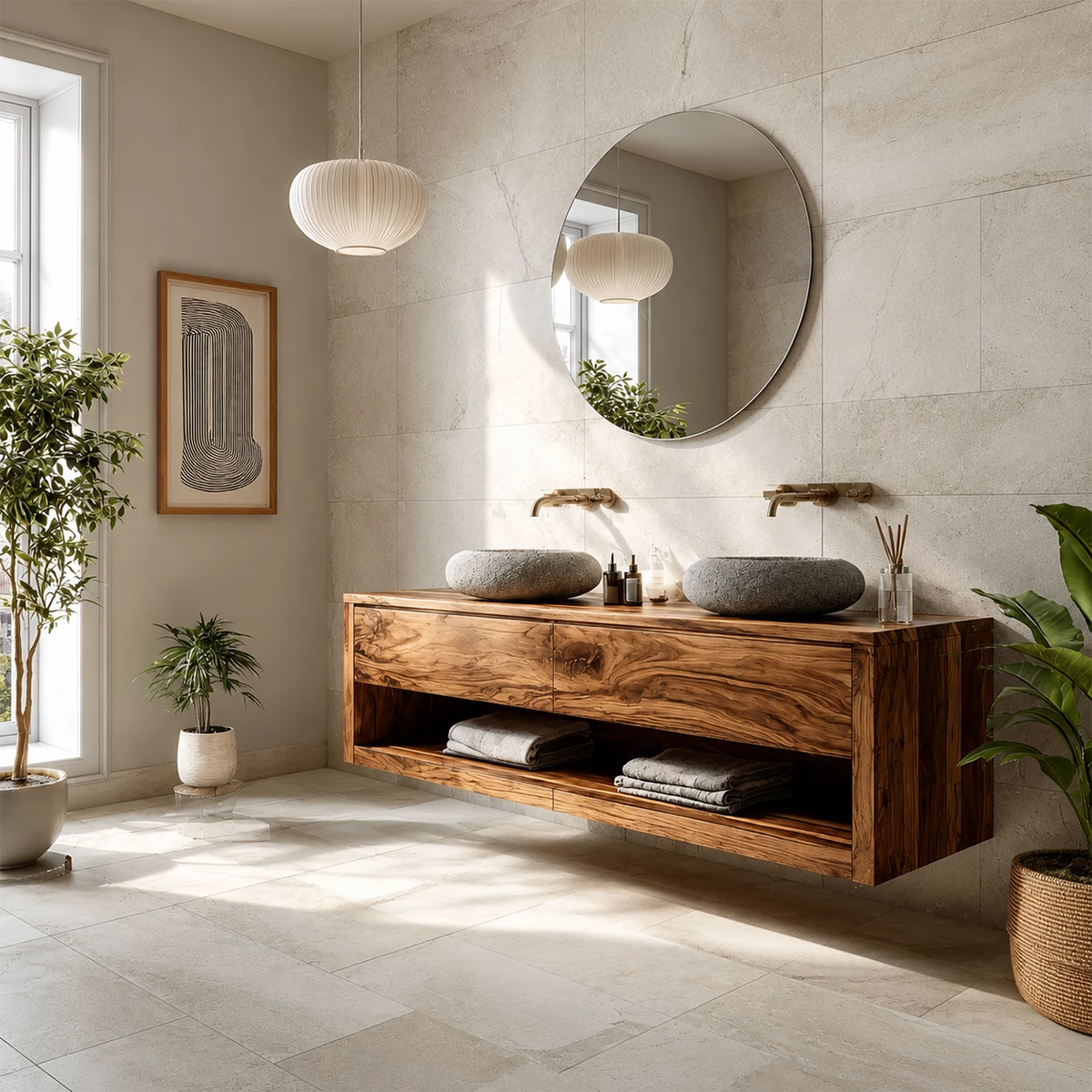 Floating Double Sink Solid Wood Bathroom Vanity with Open Shelf Storage - Livewoodcraft - 8