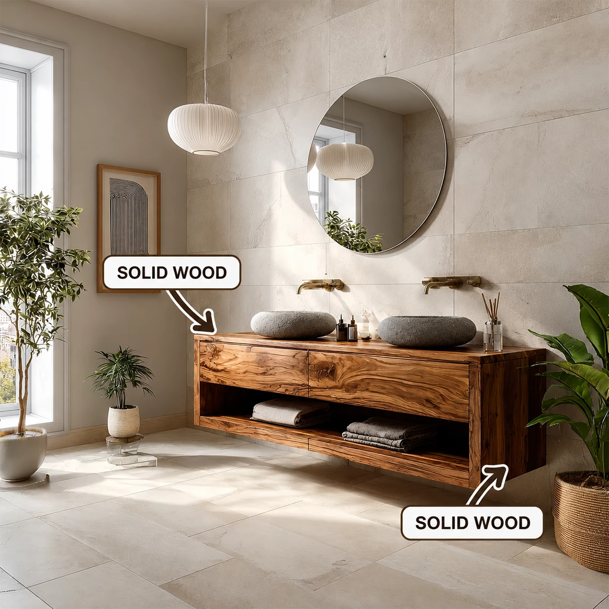 Floating Double Sink Solid Wood Bathroom Vanity with Open Shelf Storage - Livewoodcraft - 9