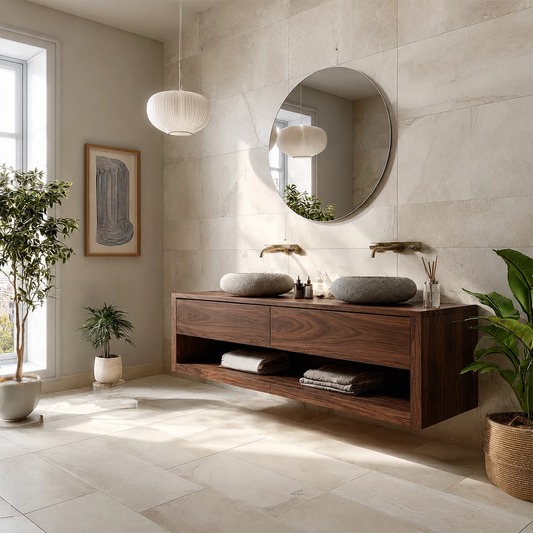 Floating Double Sink Solid Wood Bathroom Vanity with Open Shelf Storage - Livewoodcraft