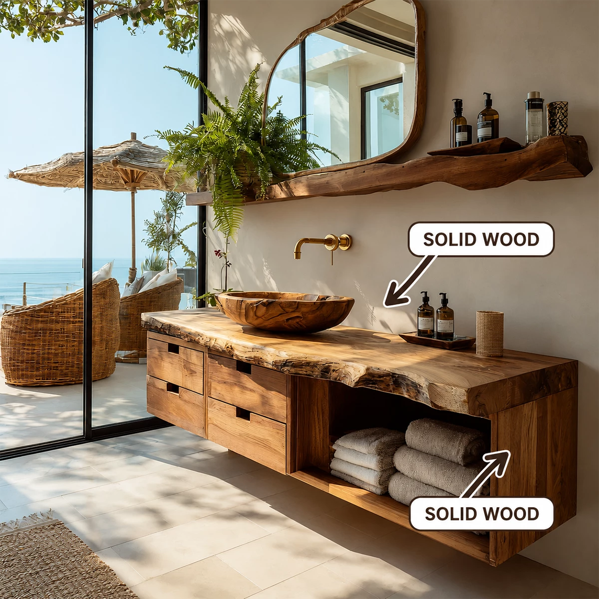 Floating Live Edge Solid Wood Bathroom Vanity with Four Drawers and Open Shelf - Livewoodcraft - 10