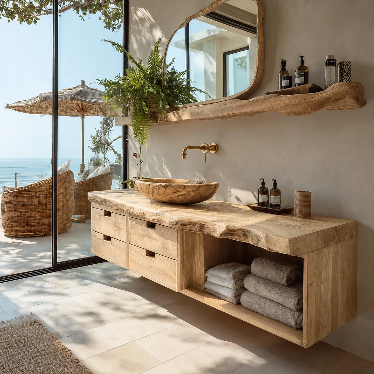 Floating Live Edge Solid Wood Bathroom Vanity with Four Drawers and Open Shelf - Livewoodcraft - 2