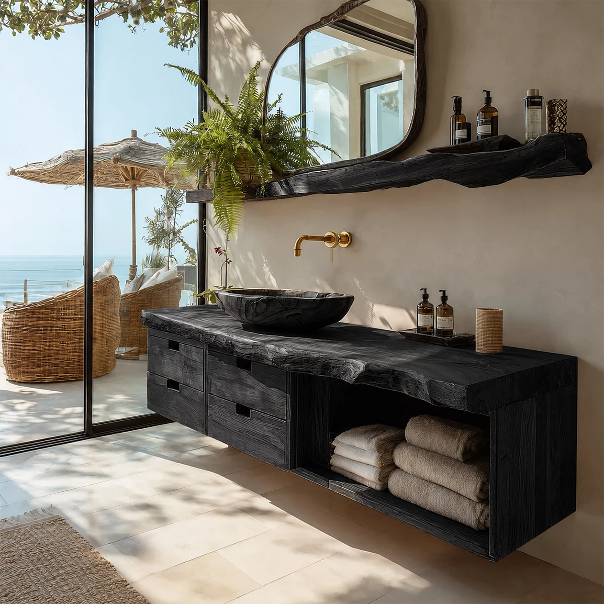Floating Live Edge Solid Wood Bathroom Vanity with Four Drawers and Open Shelf - Livewoodcraft - 3
