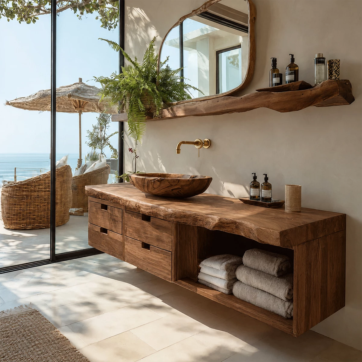 Floating Live Edge Solid Wood Bathroom Vanity with Four Drawers and Open Shelf - Livewoodcraft - 4