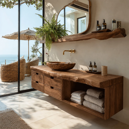 Floating Live Edge Solid Wood Bathroom Vanity with Four Drawers and Open Shelf - Livewoodcraft - 4