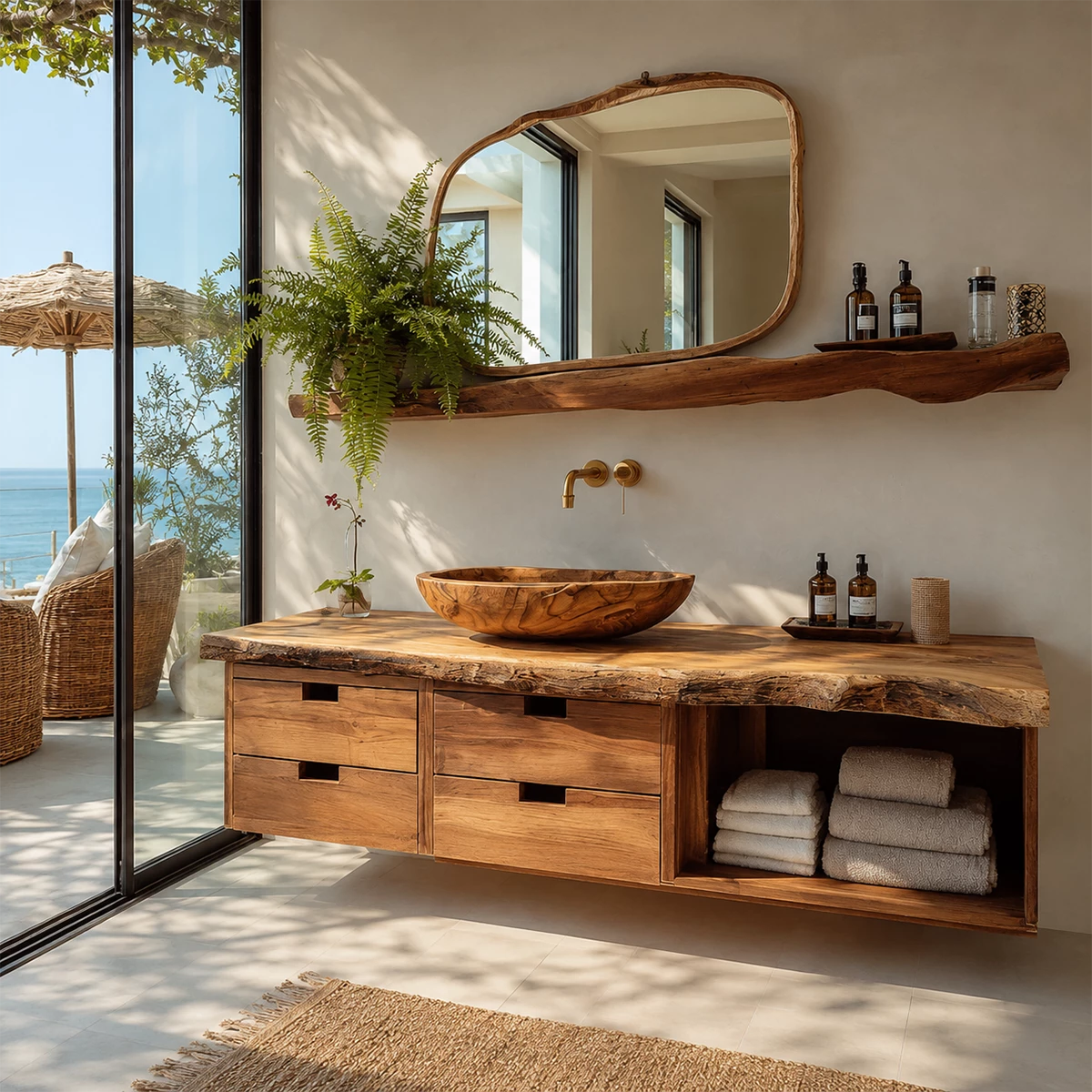 Floating Live Edge Solid Wood Bathroom Vanity with Four Drawers and Open Shelf - Livewoodcraft - 5