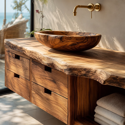 Floating Live Edge Solid Wood Bathroom Vanity with Four Drawers and Open Shelf - Livewoodcraft - 6
