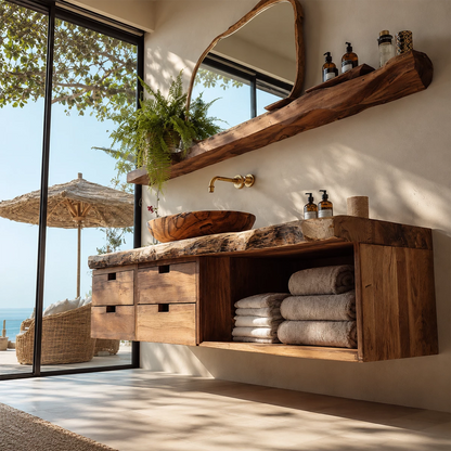 Floating Live Edge Solid Wood Bathroom Vanity with Four Drawers and Open Shelf - Livewoodcraft - 7