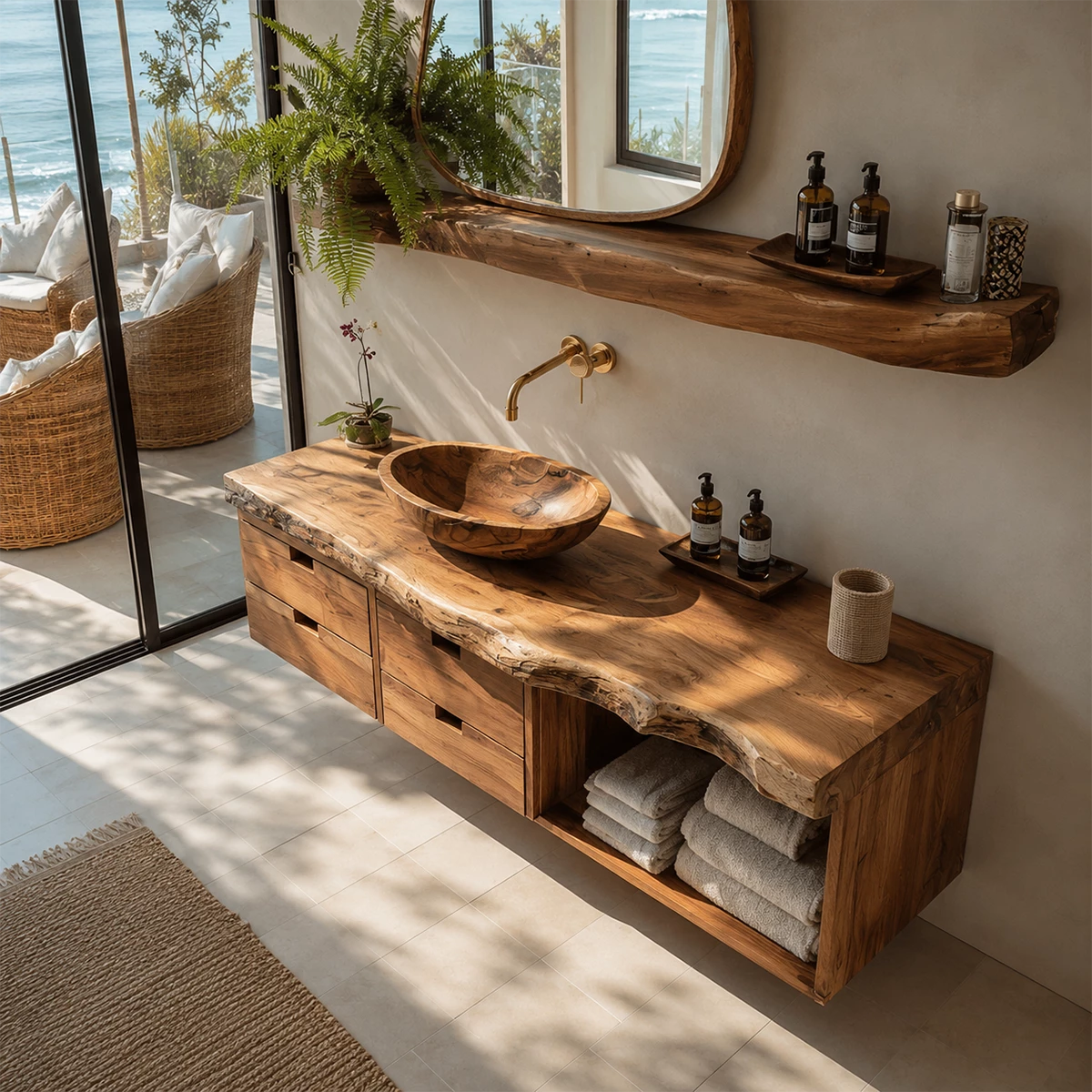 Floating Live Edge Solid Wood Bathroom Vanity with Four Drawers and Open Shelf - Livewoodcraft - 8