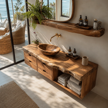 Floating Live Edge Solid Wood Bathroom Vanity with Four Drawers and Open Shelf - Livewoodcraft - 8