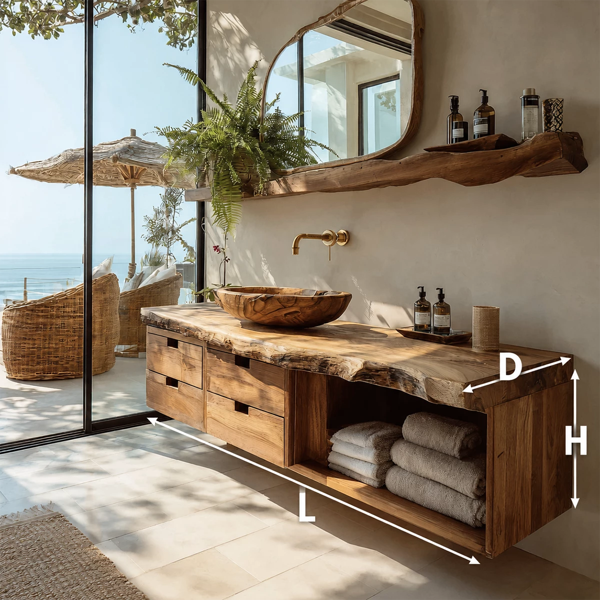 Floating Live Edge Solid Wood Bathroom Vanity with Four Drawers and Open Shelf - Livewoodcraft - 9