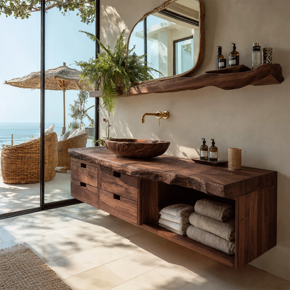 Floating Live Edge Solid Wood Bathroom Vanity with Four Drawers and Open Shelf - Livewoodcraft
