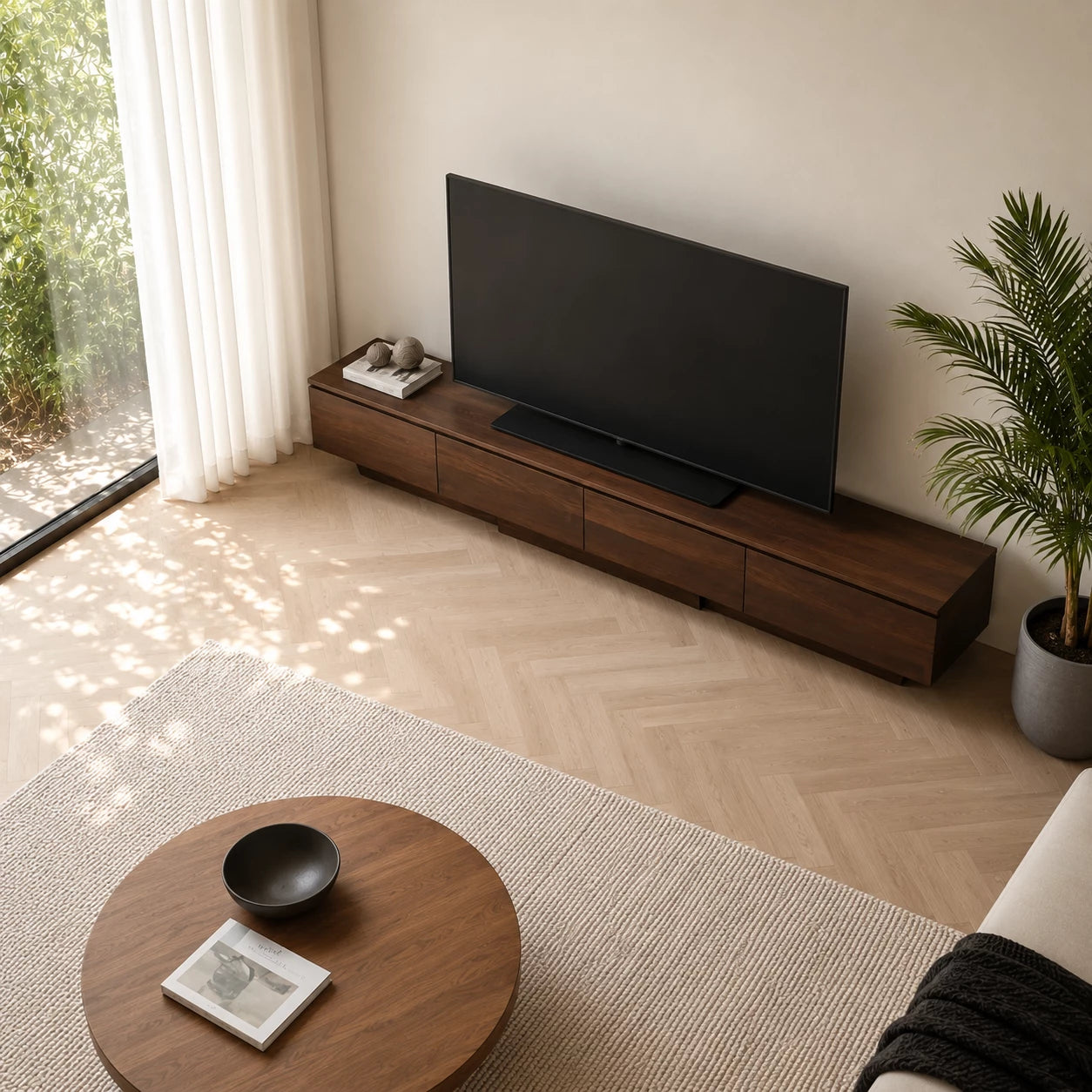Floating Look Natural Solid Wood TV Stand with Four Door Storage Design - Livewoodcraft - 5