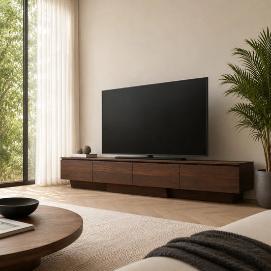 Floating Look Natural Solid Wood TV Stand with Four Door Storage Design - Livewoodcraft