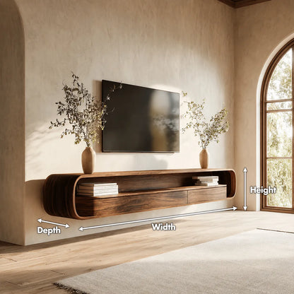 Floating Natural Solid Wood TV Stand with Curved Open Shelf Storage - Livewoodcraft - 10