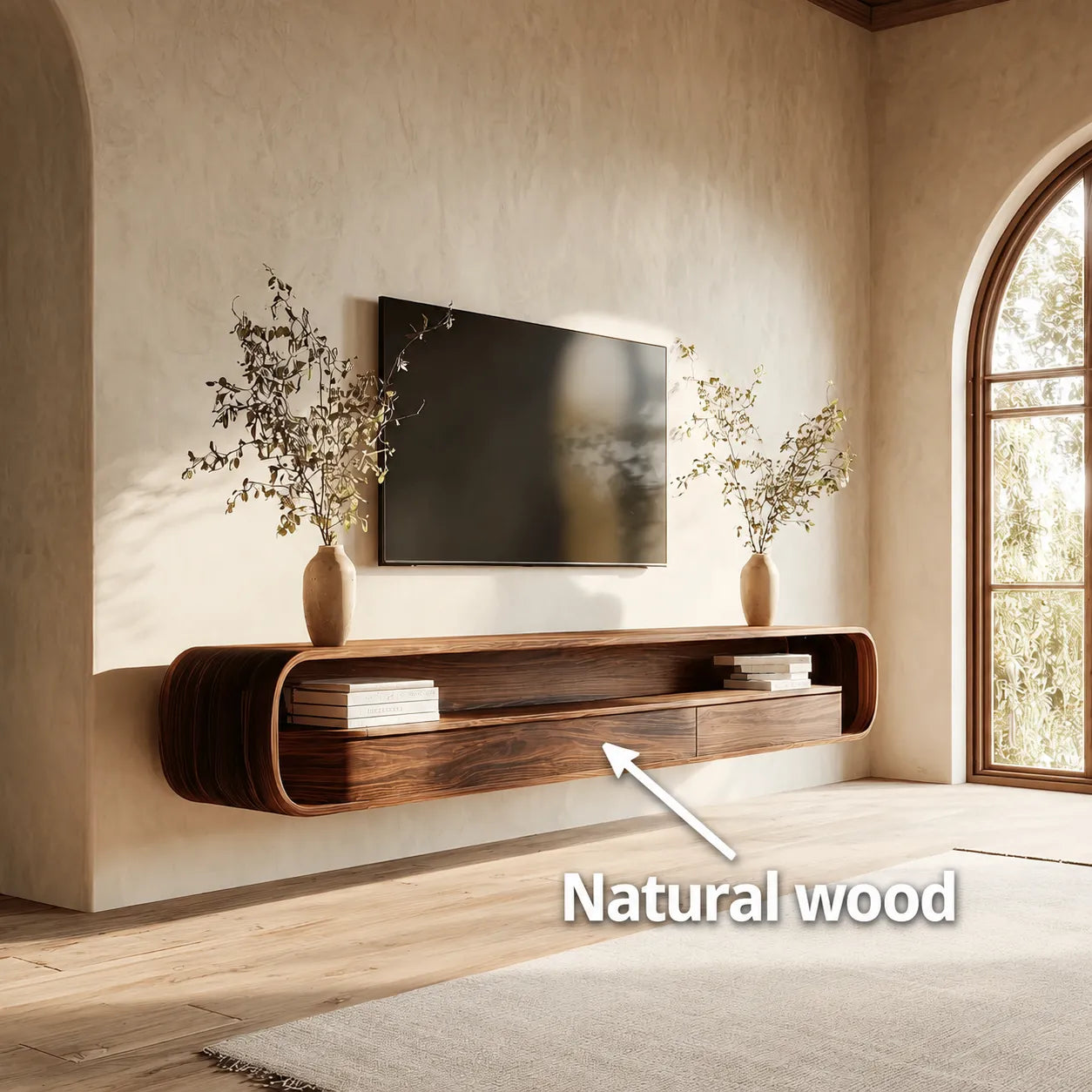 Floating Natural Solid Wood TV Stand with Curved Open Shelf Storage - Livewoodcraft - 11