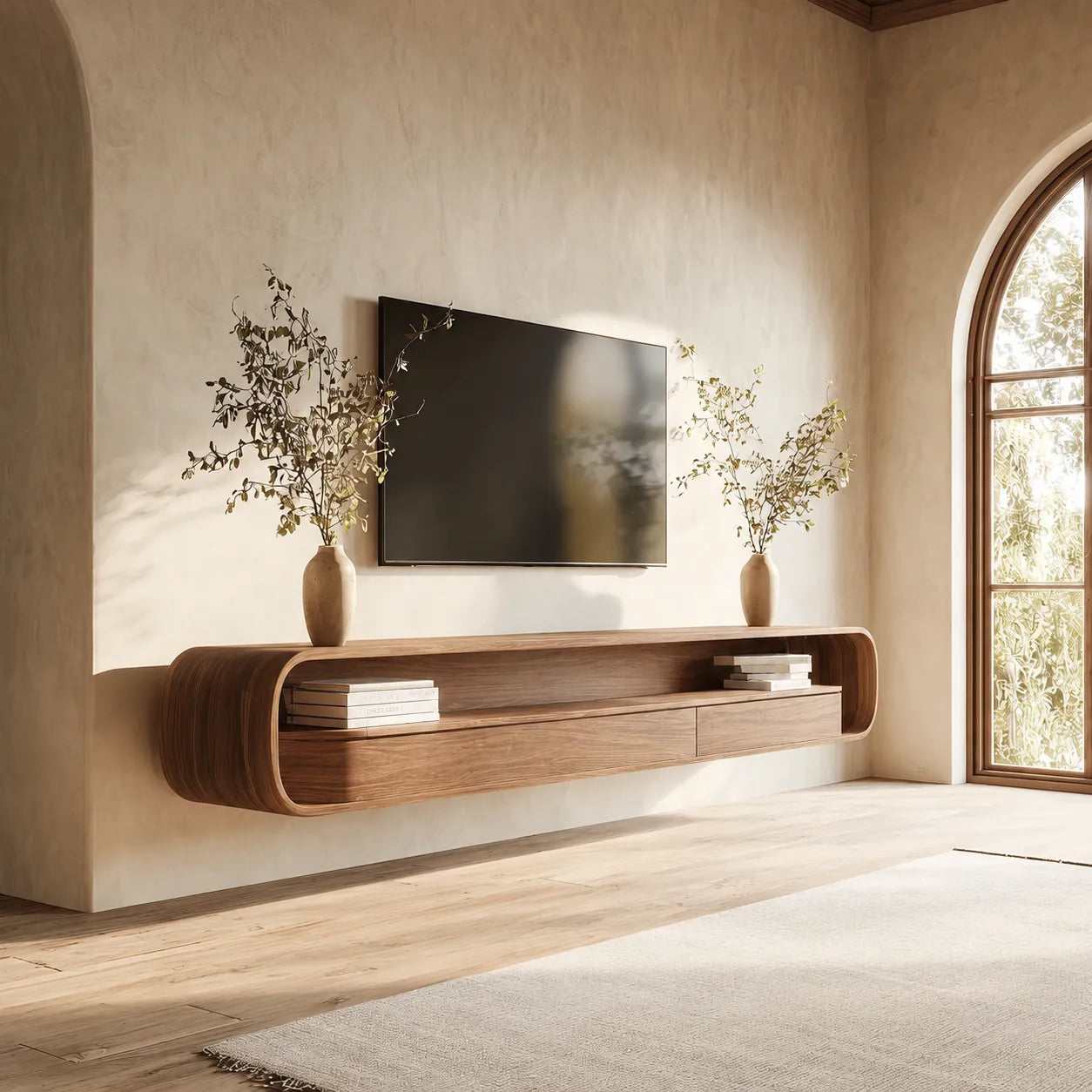 Floating Natural Solid Wood TV Stand with Curved Open Shelf Storage - Livewoodcraft - 2