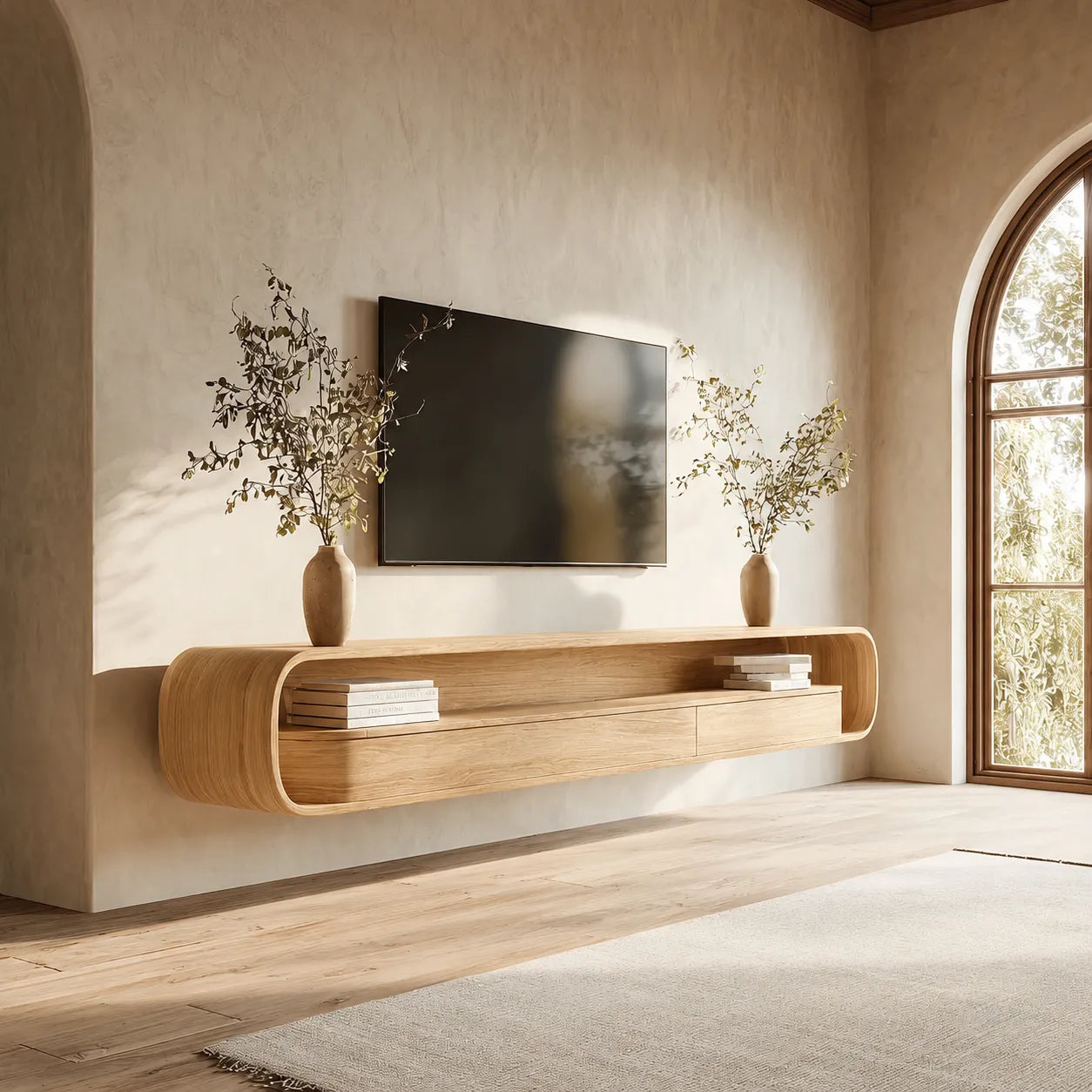 Floating Natural Solid Wood TV Stand with Curved Open Shelf Storage - Livewoodcraft - 3