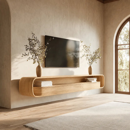 Floating Natural Solid Wood TV Stand with Curved Open Shelf Storage - Livewoodcraft - 3